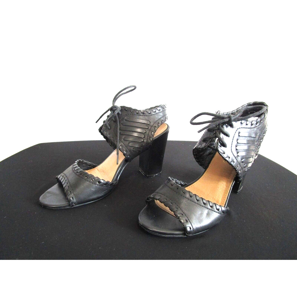 Restricted Black Faux Leather Whipstitch Ankle Strap High Heel Sandals Women 7